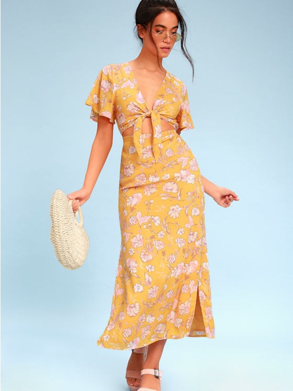 Yellow Floral Tie-Front Midi Dress